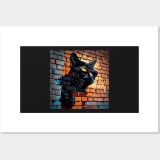 Black cat in sunglasses painted onto brick wall Sticker Posters and Art